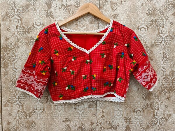 Red Cotton Jamdhani ReadyMade Blouse