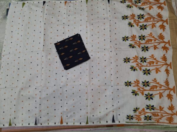 White Jamdhani Saree With Contrast Ikkat Blouse