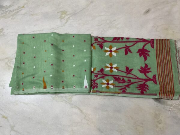 Pista Green Jamdhani Saree With Contrast Ikkat Blouse
